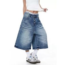 批发美式复古猫须纹水洗排扣<b class='q'>牛仔</b>七分裤<b class='q'>男</b>女cleanfit阔腿夏季新款<b class='q'>短裤</b>