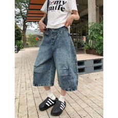 批发2026叁洪新款春夏季水洗蓝七分<b class='q'>牛仔</b>裤女美式宽松百搭阔腿工装<b class='q'>短裤</b>