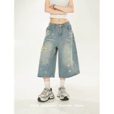 批发美式前言涂鸦印花破洞七分裤女夏季2026新款<b class='q'>短裤</b>宽松短款<b class='q'>牛仔</b>裤潮
