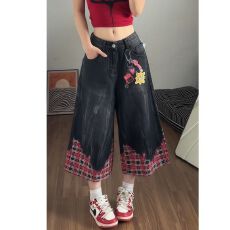 批发美式国潮做旧格纹拼接七分<b class='q'>牛仔裤</b>男女夏季设计感水洗印花阔腿短裤