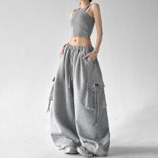 批发高腰阔腿裤<b class='q'>女</b>春秋新款宽松工装裤多口袋<b class='q'>休闲裤</b>百搭显瘦拖地裤