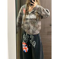 批发美式<b class='q'>街头</b>豹纹滚石印花连帽卫衣男女秋季宽松亚文化开衫外套潮炸街