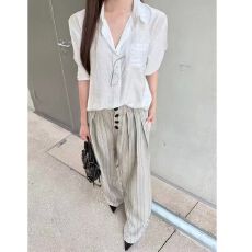 批发解构拼接褶位西裤秋冬新款潮流宽松高级条纹灰色休闲直筒裤子