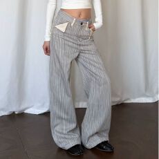 批发美式老钱风条纹西裤男<b class='q'>女</b>春秋复古垂感休闲弯刀裤宽松通勤西装<b class='q'>长裤</b>