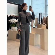 批发高级感秋季新款老钱风短款长袖西装外套时尚气质高腰阔腿裤两件套