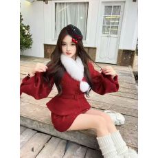 批发圣诞新年加棉短外套+半身长/短裙套装(可拆真<b class='q'>狐狸毛</b>领)
