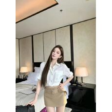 批发魅影家-衬衫+高腰腰带拼接包臀自带安全裤半身裙两件套
