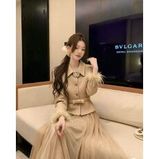 批发秋冬新款精致名媛粗花呢夹棉外套+网纱大摆裙<b class='q'>套装</b>