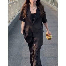 批发短袖醋酸<b class='q'>西装</b>外套女2026夏季薄款<b class='q'>韩版</b>宽松后开叉轻奢缎面西服上衣