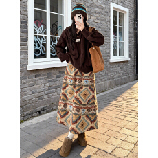 批发实拍摇粒绒费尔岛半身<b class='q'>裙</b>加绒加厚高腰紧身慵懒中长款民族风<b class='q'>伞</b><b class='q'>裙</b>