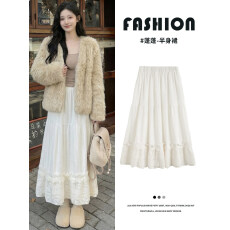 批发实拍<b class='q'>蕾丝</b>拼接高腰半身裙女2025秋冬新款温柔风超仙a字蛋糕长裙