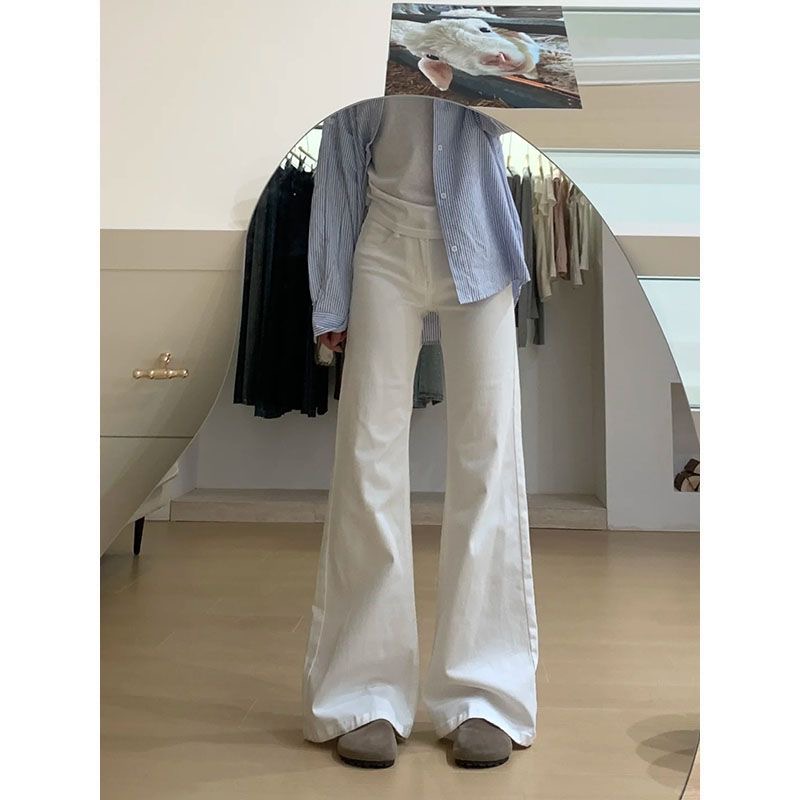재고 상품 아메리칸 높음 거리 화이트 부츠컷 청바지 여성 로우 웨이스트 루즈핏 슬림해 보이는 아니요 막대기 다리 나팔 바지