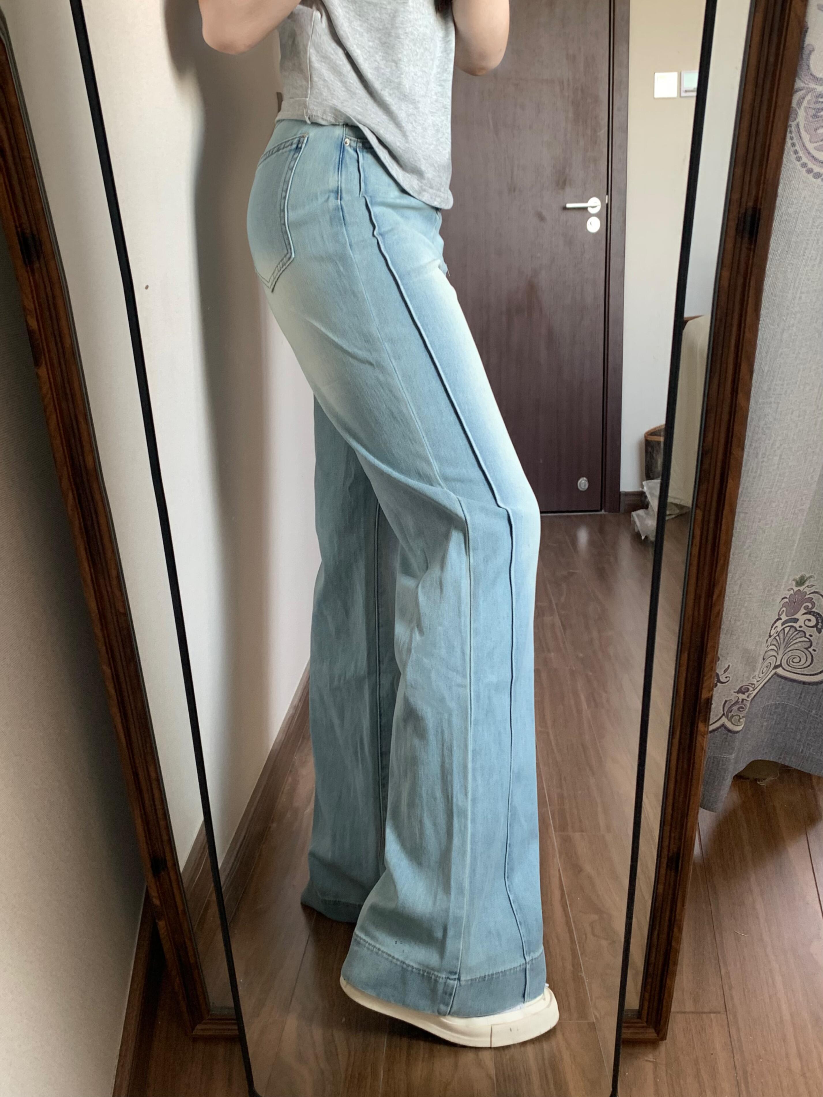 재고 상품 하늘색 아니요 막대기 다리 루즈핏 마이크로 나팔 청바지 여성 여름 하이웨이스트 도루 센스 넓은 다리 바닥 청소 긴 바지