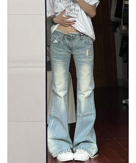재고 상품 아메리칸 핫걸 레이스 측면 패치워크 부츠컷 청바지 여성 로우 웨이스트 슬림해 보이는 아니요 막대기 다리 호스 슈 바지