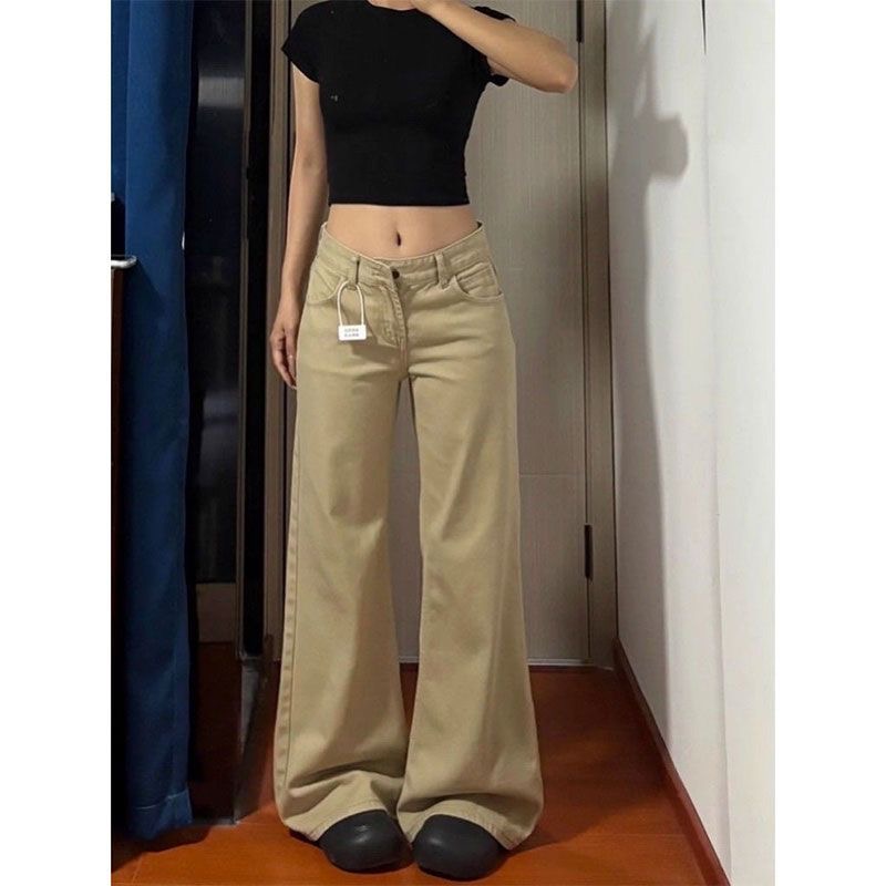 재고 상품 카키 색 아메리칸 레트로 부츠컷 청바지 여성 로우 웨이스트 루즈핏 도루 센스 나팔 넓은 다리 길이 바지