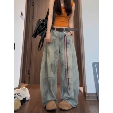 批发美式复古做旧脏染弯刀阔腿牛仔裤女高腰宽松辣妹拖地裤