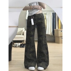 批发美式高街<b class='q'>迷彩</b>微喇牛仔<b class='q'>裤</b>女低腰显瘦不贴腿喇叭拖地长<b class='q'>裤</b>