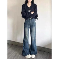 批发美式复古阔腿微喇<b class='q'>牛仔裤</b>女新款高腰<b class='q'>显瘦</b>不贴腿喇叭长裤