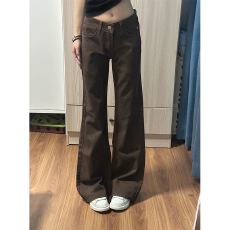 批发小个子美式复古咖色微喇阔腿牛仔裤女低腰显瘦喇叭拖地长裤