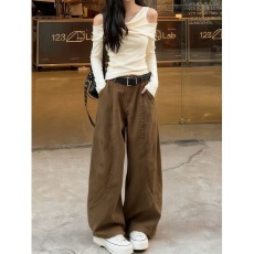 批发美式复古咖色直筒休闲工装牛仔裤<b class='q'>女</b>高腰新款宽松弯刀阔腿<b class='q'>裤</b>