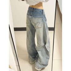 批发美式复古口袋刺绣弯刀<b class='q'>牛仔裤</b>女新款低腰宽松显瘦阔腿拖地裤