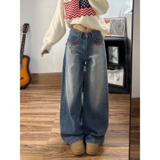 批发美式高街烫钉刺绣直筒<b class='q'>牛仔裤</b>女新款高腰宽松显瘦阔腿拖地裤