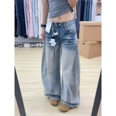批发美式蓝色弯刀<b class='q'>牛仔裤</b>女新款低腰宽松显瘦阔腿拖地镰刀裤