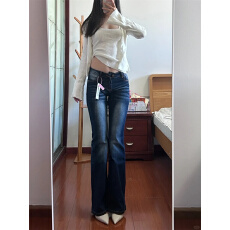 批发美式复古微喇叭<b class='q'>牛仔裤</b>女新款梨形辣妹低腰修身显瘦弹力马蹄裤