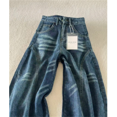 批发美式复古水洗弯刀阔腿牛仔裤女<b class='q'>新款</b>高腰显瘦宽松垂感拖地裤