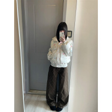 美式咖色碎花高腰直筒牛仔裤女高腰新款宽松显瘦阔腿拖地裤