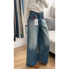 批发复古设计感烫钉刺绣阔腿<b class='q'>牛仔裤</b>女高腰宽松直筒拖地长裤