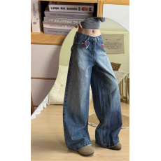 批发复古设计感烫钉刺绣阔腿<b class='q'>牛仔裤</b>女高腰宽松直筒拖地长裤