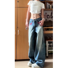 批发复古设计感烫钉刺绣阔腿<b class='q'>牛仔裤</b>女高腰宽松直筒拖地长裤