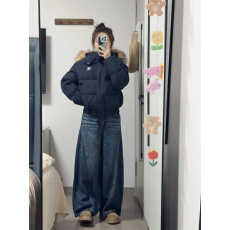 批发美式高街水洗阔腿牛仔裤女新款高腰宽松垂感直筒拖地裤