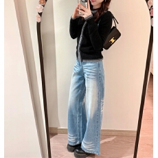 批发美式折痕水洗宽松阔腿牛仔裤女新款高腰显瘦直筒拖地裤