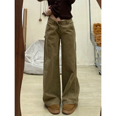 批发美式卡其色复古直筒工装牛仔裤女高腰宽松垂感休闲阔腿长裤