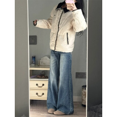 批发美式复古水洗阔腿牛仔裤女新款高腰设计感裤子高腰直筒裤