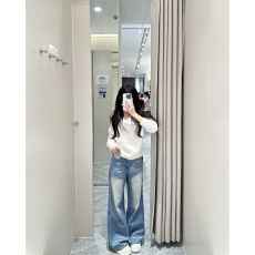 批发美式折痕水洗宽松阔腿牛仔裤女高腰新款显瘦直筒拖地裤