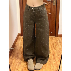 批发美式咖色碎花高腰直筒牛仔裤女高腰新款宽松显瘦阔腿拖地裤