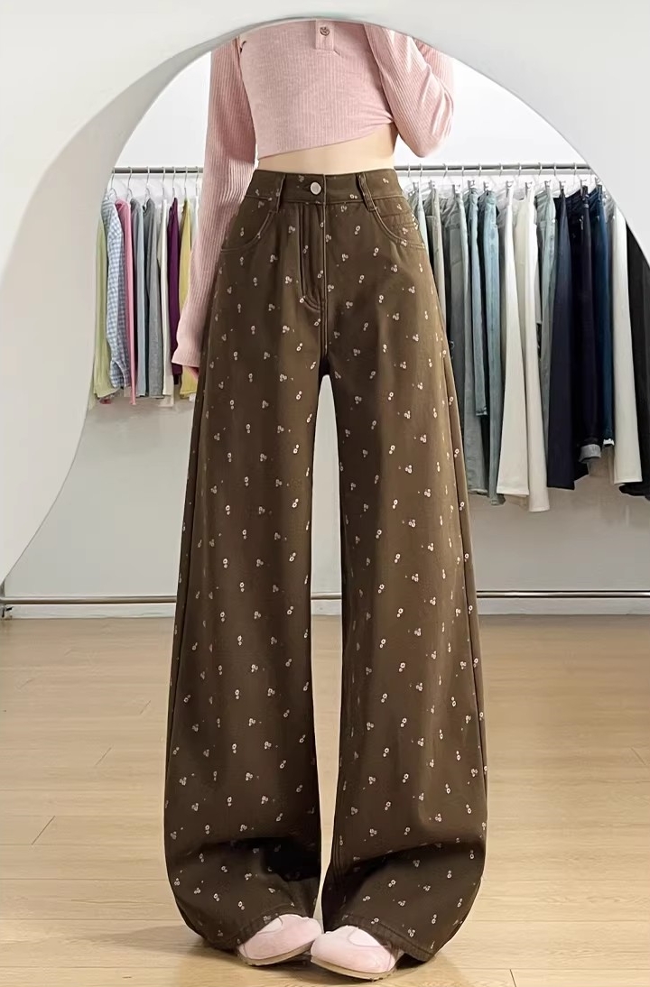 아메리칸 커피 색상 꽃무늬 하이웨이스트 스트레이트 청바지 여성 하이웨이스트 새로운 루즈핏 슬림해 보이는 넓은 다리 바닥 청소 바지