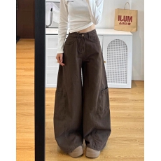 批发美式咖色休闲直筒工装牛仔裤女新款高腰显瘦宽松阔腿长裤