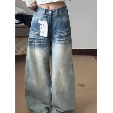 批发美式复古口袋刺绣弯刀牛仔裤女低腰宽松显瘦阔腿拖地裤