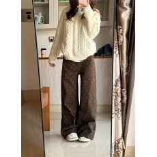 批发美式咖色碎花高腰直筒牛仔裤女高腰新款宽松显瘦阔腿拖地裤