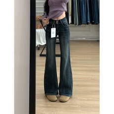 批发美式复古双扣微喇叭牛仔裤女新款高腰弹力显瘦马蹄裤子