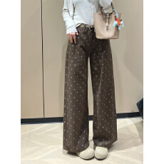 批发美式咖色碎花高腰直筒牛仔裤女高腰新款宽松显瘦阔腿拖地裤