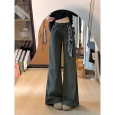 批发美式复古军绿色直筒工装<b class='q'>牛仔裤</b>女新款高腰宽松<b class='q'>显瘦</b>阔腿长裤
