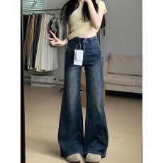 批发美式复古水洗阔腿微喇牛仔裤<b class='q'>女</b>新款高腰弹力喇叭拖地裤