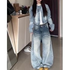 批发美式复古口袋刺绣弯刀牛仔裤<b class='q'>女</b>低腰宽松显瘦阔腿拖地裤