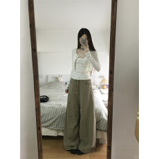 美式复古卡其色直筒休闲阔腿牛仔裤女新款高腰宽松拖地长裤