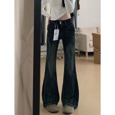 批发美式复古辣妹高腰窄版微喇<b class='q'>牛仔裤</b>女直筒修身弹性喇叭裤